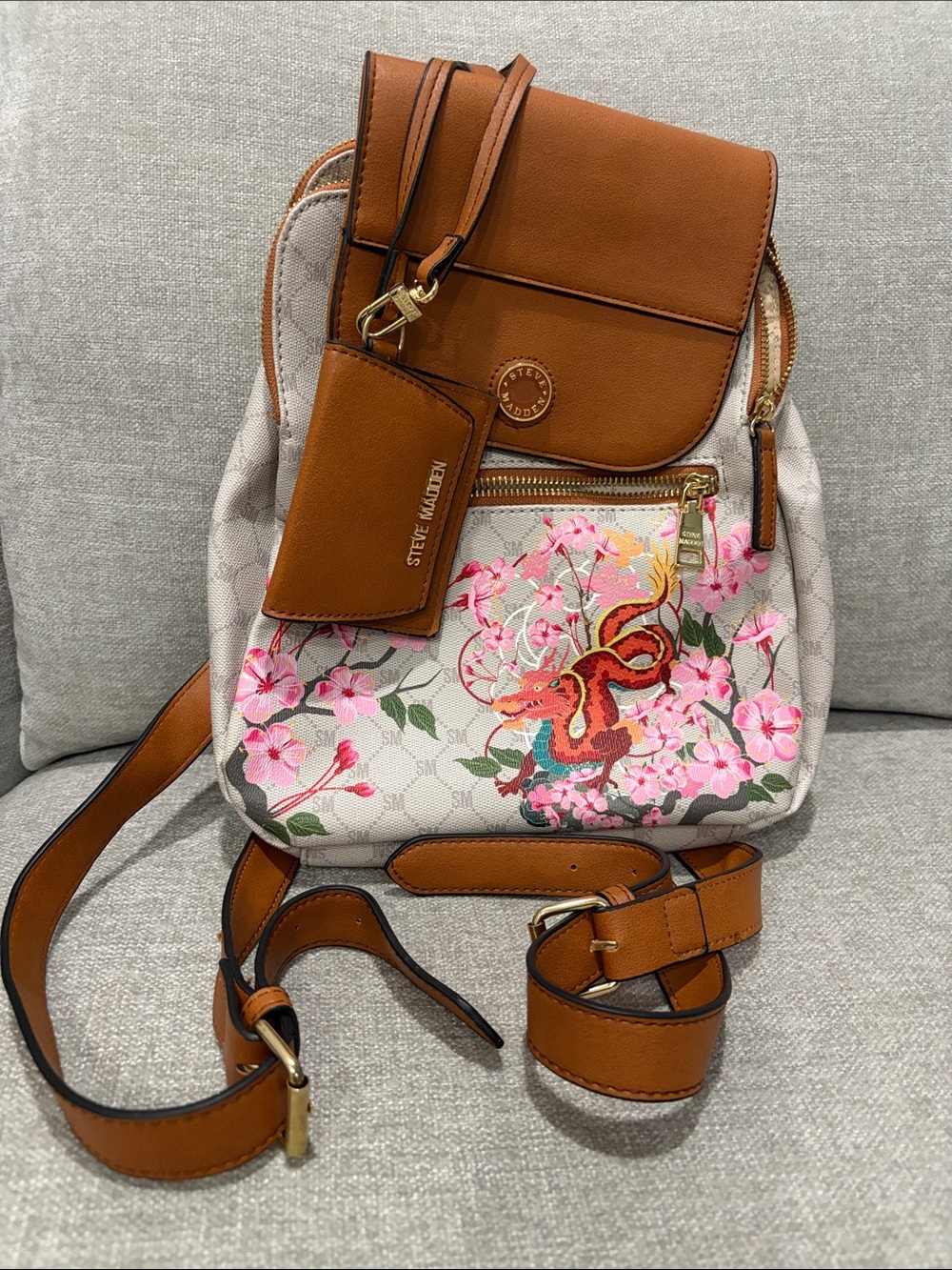 Steve Madden Tan & Cream Floral Embroidered Mini Backpack